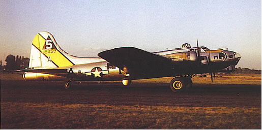 A Pathfinder bomber with its yellow-striped tail gleaming in the sun